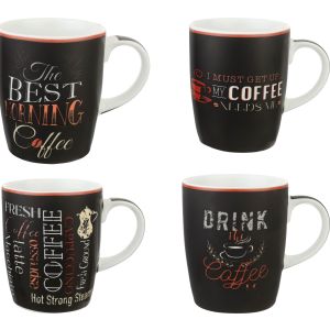 Lotus Dream Porcelain Mug Set, 4 Pieces, 300 ml - Black