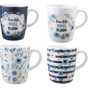 Lotus Dream Porcelain Mug Set, 4 Pieces, 300 ml - White Blue