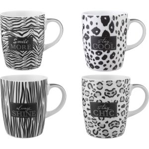 Lotus Dream Porcelain Mug Set, 4 Pieces, 300 ml - Black White