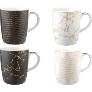 Lotus Dream Porcelain Mug Set, 4 Pieces, 300 ml - Black White