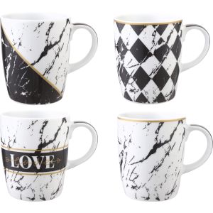 Lotus Dream Porcelain Mug Set, 4 Pieces, 300 ml - Black White