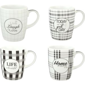 Lotus Dream Porcelain Mug Set, 4 Pieces, 300 ml - Black White