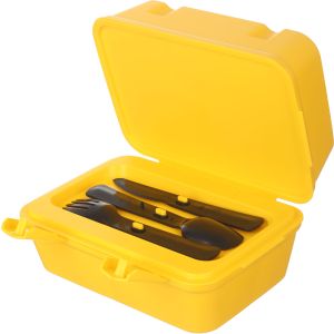 Max Plast Rectangular Plastic Lunch Box for Kids, 21×14×11 cm, with spoon, fork, and knife - Yellow
