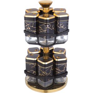 Glass Spice Set, 12 Pieces, with Movable Stand, 2 Levels - Black Gold