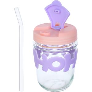 Falmer Glass Cup, Plastic Lid and Straw, Silicone Case, 2 Ports, 350 ml - Mauve Rose