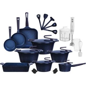 Pyrex Granite Pots Set, 23 Pieces, In Addition To Mienta Hand Blender as Gift, 5×1, 450 Watt - Navy
