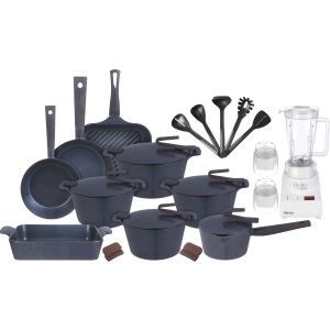Pyrex Granite Pots Set, 23 Pieces, with Mienta Blender and 2 Grinder as a Gift - Navy