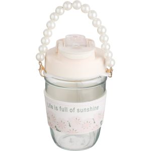 Kids Glass Water Bottle with Straw, Plastic Lid, 400 ml - Off White Clear