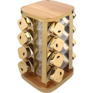 Glass Spice Jar Set with Plastic Lid, 16 Pieces, with Stand - Gold