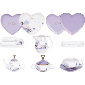 ELANDALOS Porcelain Tea and Cake Set, 27 Pieces - White Mauve