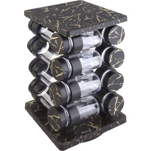 Nano Plast Acrylic Spice Jar Set with Plastic Lid, 16 Pieces, with Plastic Rotating Stand, 16×28 cm - Black Gold