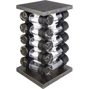 Nano Plast Acrylic Spice Jar Set with Plastic Lid, 20 Pieces, with Wooden Rotating Stand, 17×35 cm - Gold Black