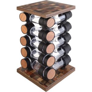 Nano Plast Acrylic Spice Jar Set with Plastic Lid, 20 Pieces, with Wooden Rotating Stand, 17×35 cm - Black
