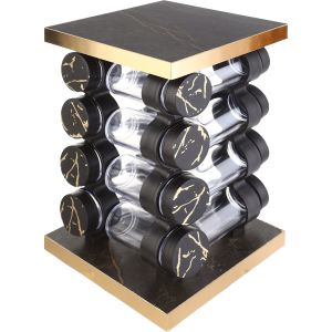 Nano Plast Acrylic Spice Jar Set with Plastic Lid, 16 Pieces, with Wooden Rotating Stand, 17×29 cm - Black Gold