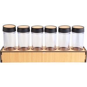 Acrylic Spice Jar Set with Plastic Lid, 6 Pieces, with Wooden Stand - Black Gold
