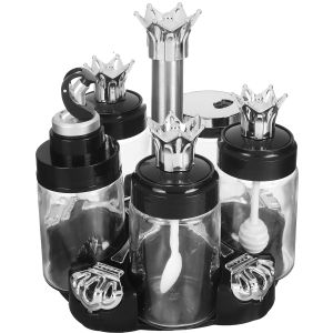 Glass Spice Jar Set, 5 Pieces, Plus a Rotating Stand, 250 ml - Black Silver