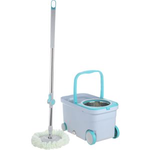 Mop Rectangular Plastic Bucket, 9 litre, Stainless Steel Squeezer, 2 Cotton Replace, Metal Handle - Turquoise Grey