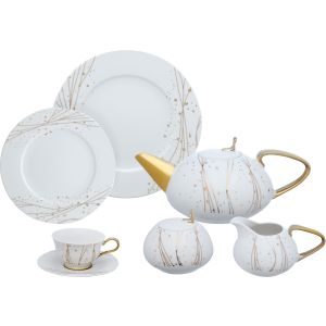 Lotus Porcelain Tea and Cake Serving, 24 Pieces - White Gold