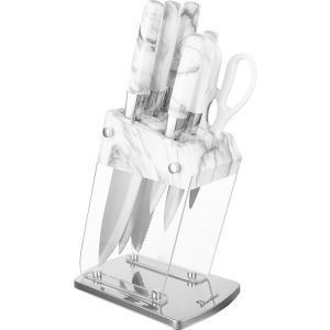 Daodao Stainless Steel Knife Set, Bakelite Handle, 6 Pieces, with Plastic Stand - White Silver