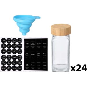 Glass spice set with wooden lid, 24 pieces, 150 ml, with spice label stickers and silicone funnel - Multicolor