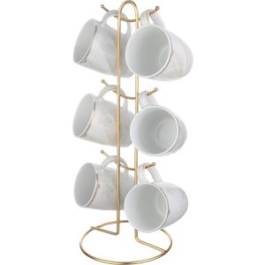 Lotus Porcelain Mug Set, 6 Pieces, 350 ml, with Stand - Multicolor