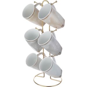 Lotus Porcelain Mug Set, 6 Pieces, 350 ml, with Stand - Multicolor