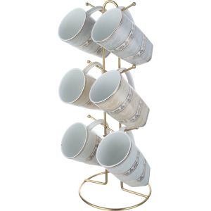 Lotus Porcelain Mug Set, 6 Pieces, 350 ml, with Stand - Multicolor