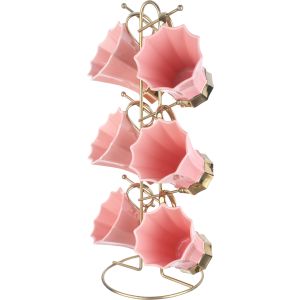Lotus Porcelain Mug Set, 6 Pieces, 350 ml, with Stand - Pink Gold