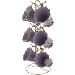 Lotus Porcelain Mug Set, 6 Pieces, 350 ml, with Stand - Mauve Gold