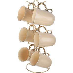 Lotus Porcelain Mug Set, 6 Pieces, 350 ml, with Stand - Beige Gold