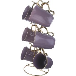 Lotus Porcelain Mug Set, 6 Pieces, 350 ml, with Stand - Mauve Gold