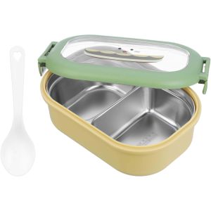 Falmer Rectangular Plastic Lunch Box with Spoon, 2 Eyes, Stainless Steel Core, 14×21 cm - Yellow Olive