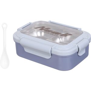 Falmer Rectangular Plastic Lunch Box with Spoon, 3 Eyes, Stainless Steel Core, 16×22 cm - Grey Light Blue