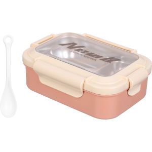 Falmer Rectangular Plastic Lunch Box with Spoon, 3 Eyes, Stainless Steel Core, 16×22 cm - Cashmere Beige