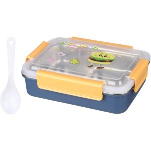 Falmer Rectangular Plastic Lunch Box with Spoon, 2 Eyes, Stainless Steel Core, Clip Lid, 16×22 cm - Petrol Orange