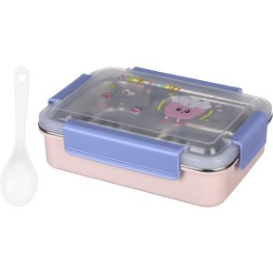Falmer Rectangular Plastic Lunch Box with Spoon, 2 Eyes, Stainless Steel Core, Clip Lid, 16×22 cm - Pink Purple