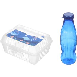 Max Plast Plastic Lunch Box Set with Bottle, 2 Eyes, 1 Liters - White Blue