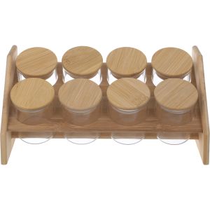 Glass Round Spice Jar Set With Wooden Lid, 8 Pieces, 150 Ml, with Wooden Stand - Clear Wooden