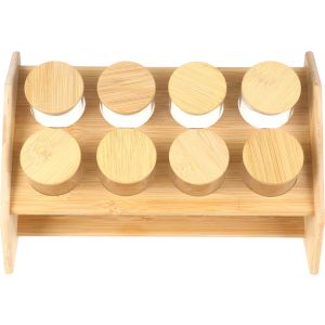 Glass Spice Set with Wooden Lid, 8 Pieces, with Wooden Stand, 200 ml - Clear Wooden