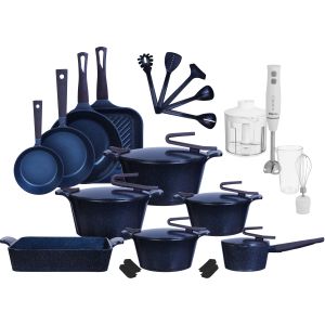 Pyrex Granite Pots Set, 24 Pieces, In Addition To Mienta Hand Blender as Gift, 5×1, 450 Watt - Navy
