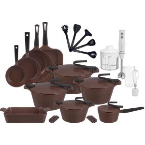 Pyrex Granite Pots Set, 24 Pieces, with Mienta Hand Blender as Gift, 5×1, 450 Watt - Brown