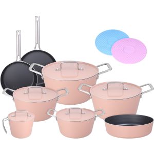 Trueval Diamond Teflon Pots Set, 15 Pieces - Rose
