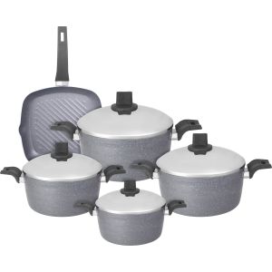 Trueval Premium Granite Pots Set, Stainless Steel Lid, 9 Pieces - Grey
