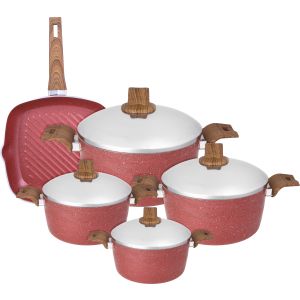Trueval Premium Granite Pots Set, Stainless Steel Lid, 9 Pieces - Red
