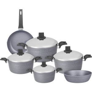 Trueval Premium Granite Pots Set, Stainless Steel Lid, 10 Pieces - Grey