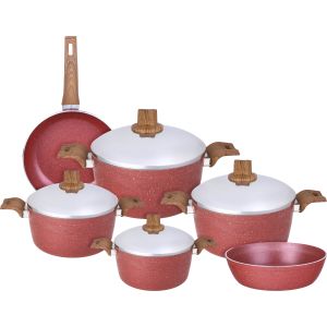 Trueval Premium Granite Pots Set, Stainless Steel Lid, 10 Pieces - Red