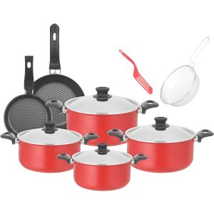 Trueval Tefal Pots Set, 12 Pieces - Red