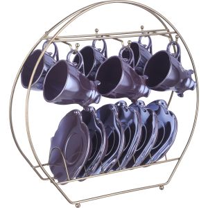 Lotus Porcelain Coffee Cup and Saucer Set, 12 Pieces, with Stand - Mauve