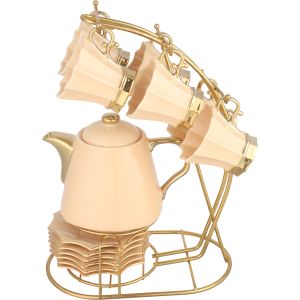 Lotus Porcelain Cocoa Set, 14 Pieces, with Stand - Beige Gold