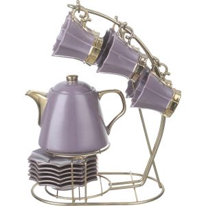 Lotus Porcelain Cocoa Set, 14 Pieces, with Stand - Mauve Gold